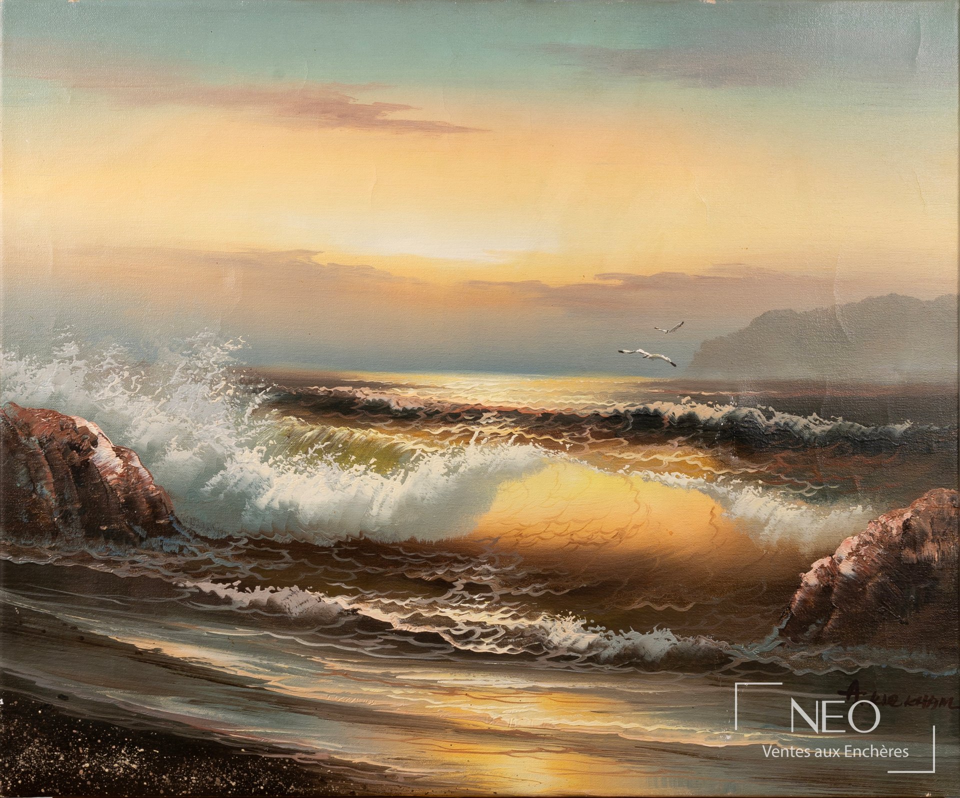 Huile sur toile représentant des vagues au coucher du soleil