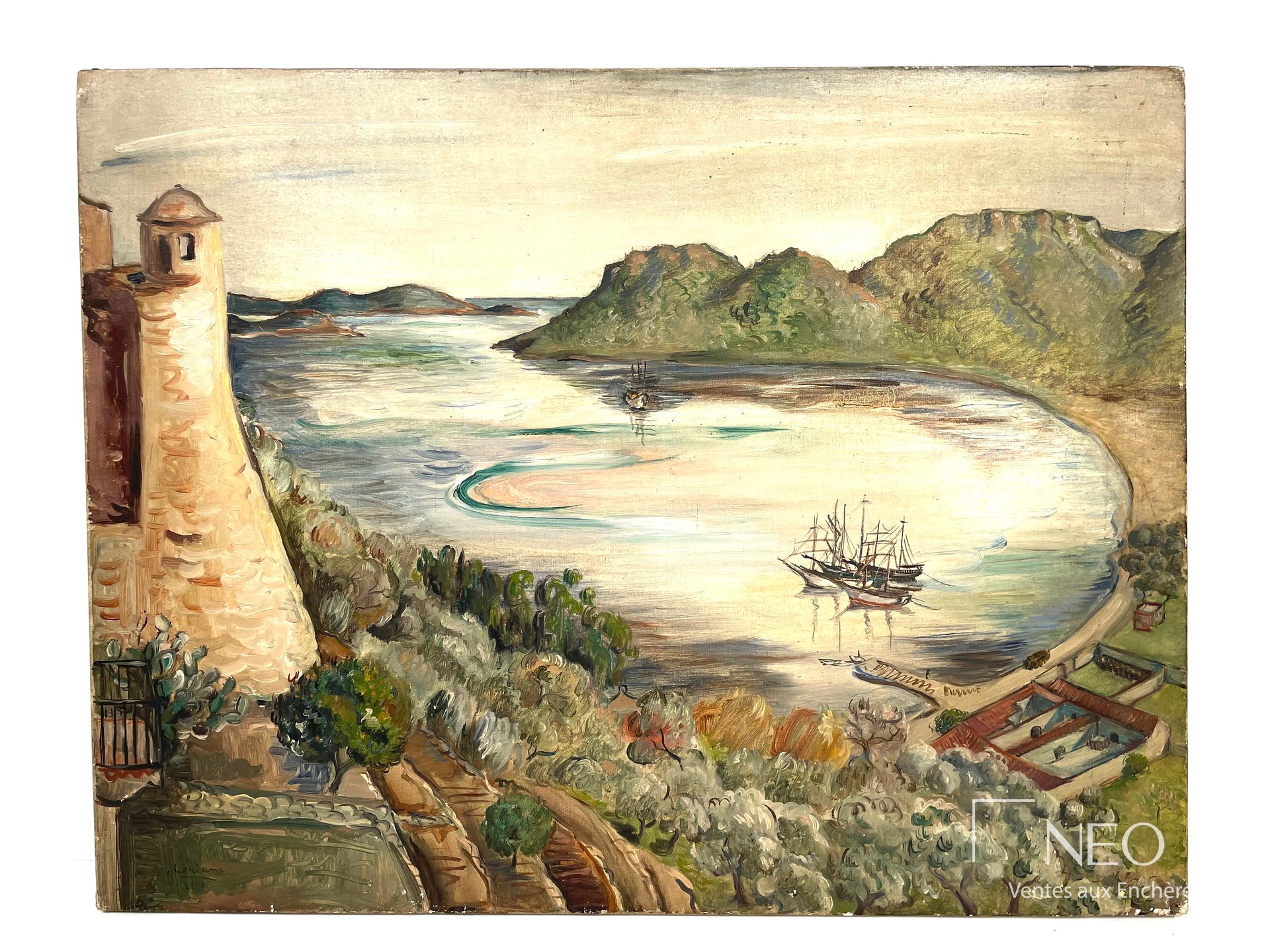 Huile sur toile représentant le golfe de Porto-Vecchio avec bateau au mouillage et rivage montagneux