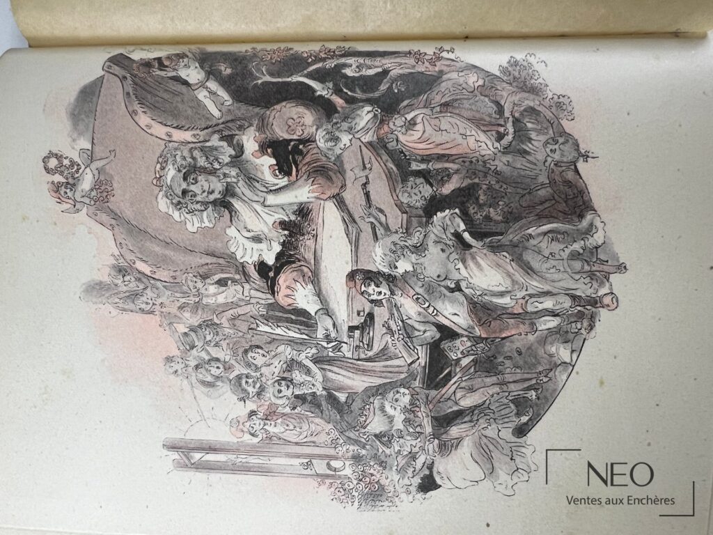 Page illustrée en couleurs et en noir avec scène animée de personnages autour d'une figure centrale