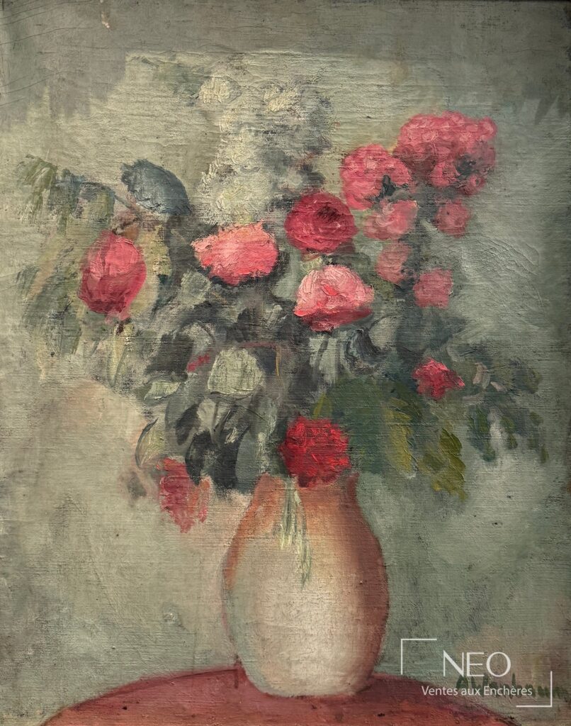 Bouquet de fleurs roses dans un vase peint à l'huile sur toile