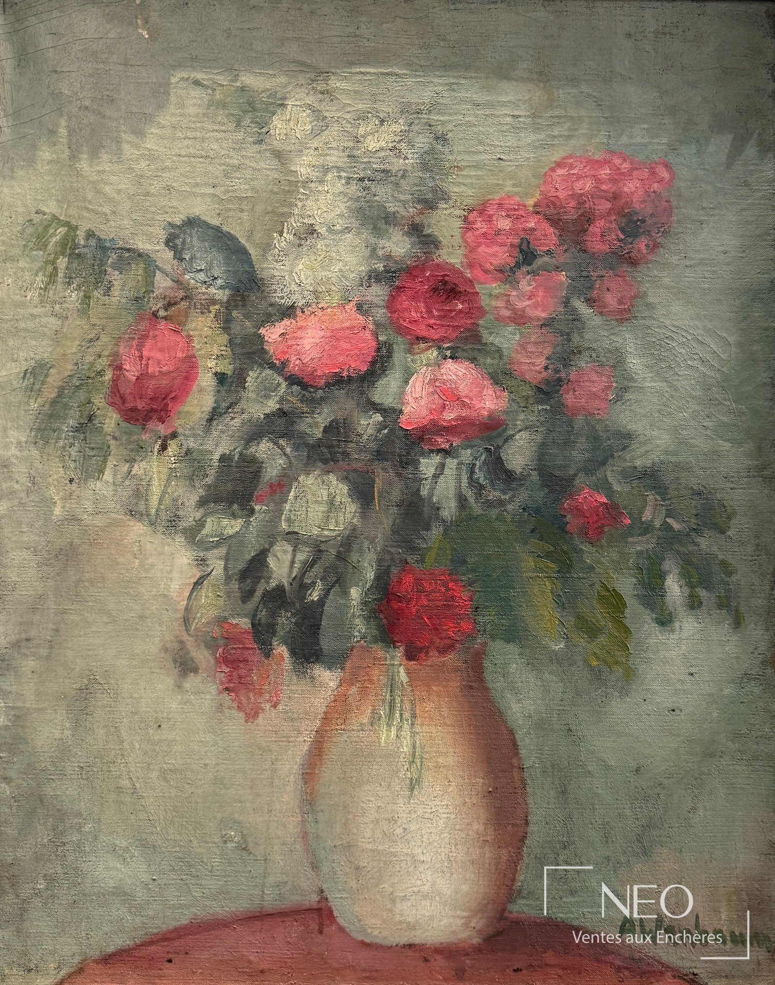 Bouquet de fleurs roses dans un vase peint à l'huile sur toile