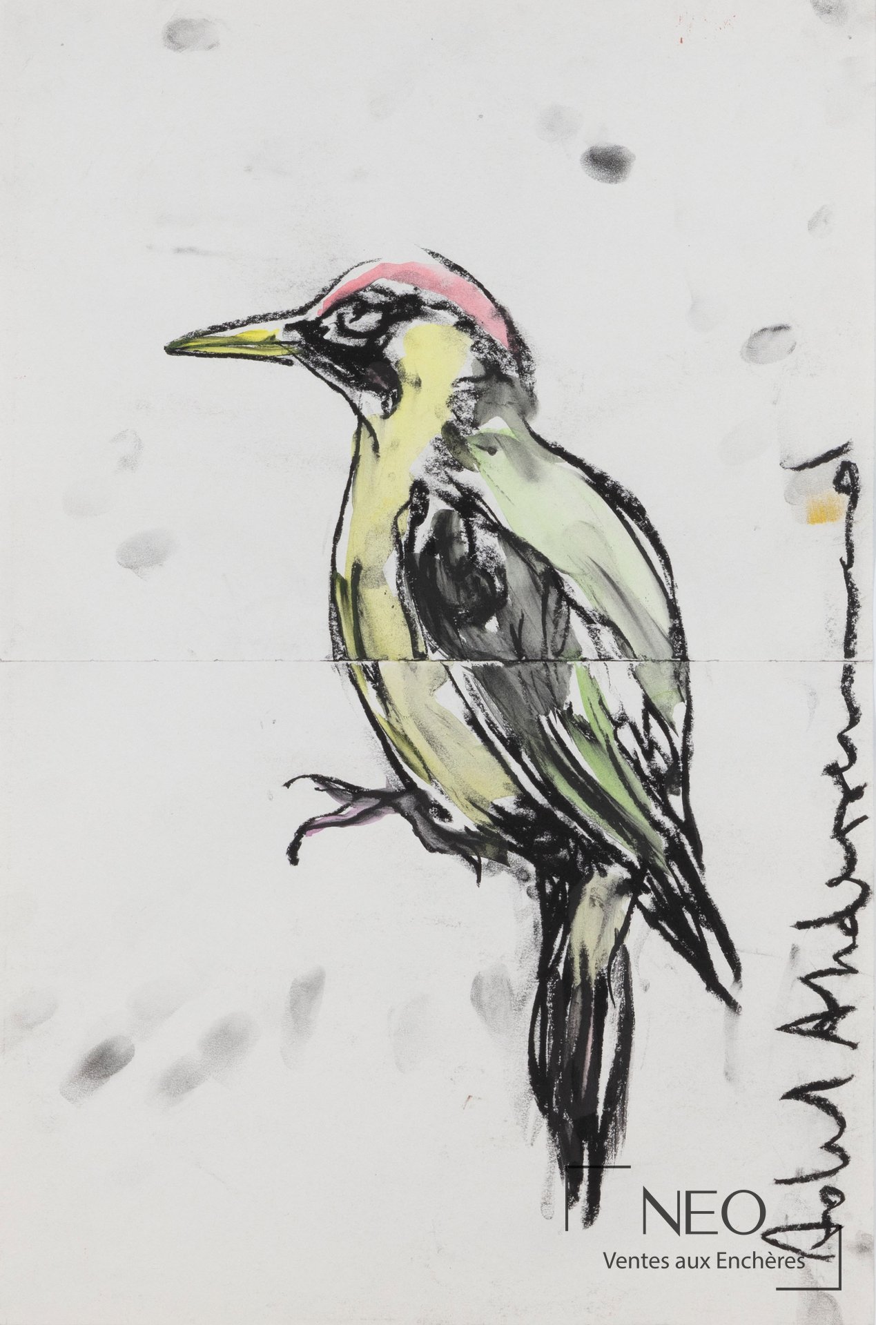 Dessin d’oiseau d’Adel Abdessemed au fusain et touches de couleur sur papier