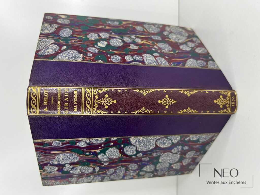 Reliure violette et dos doré d’un livre ancien Adolphe Belot