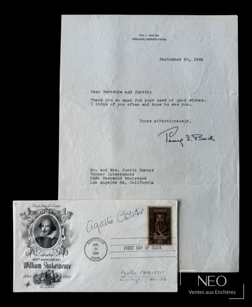 Enveloppe premier jour et lettre signée d'Agatha Christie avec timbre William Shakespeare.