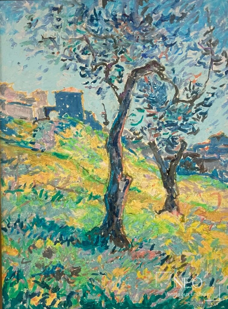 Peinture de paysage colorée avec deux arbres au premier plan et des bâtiments au loin