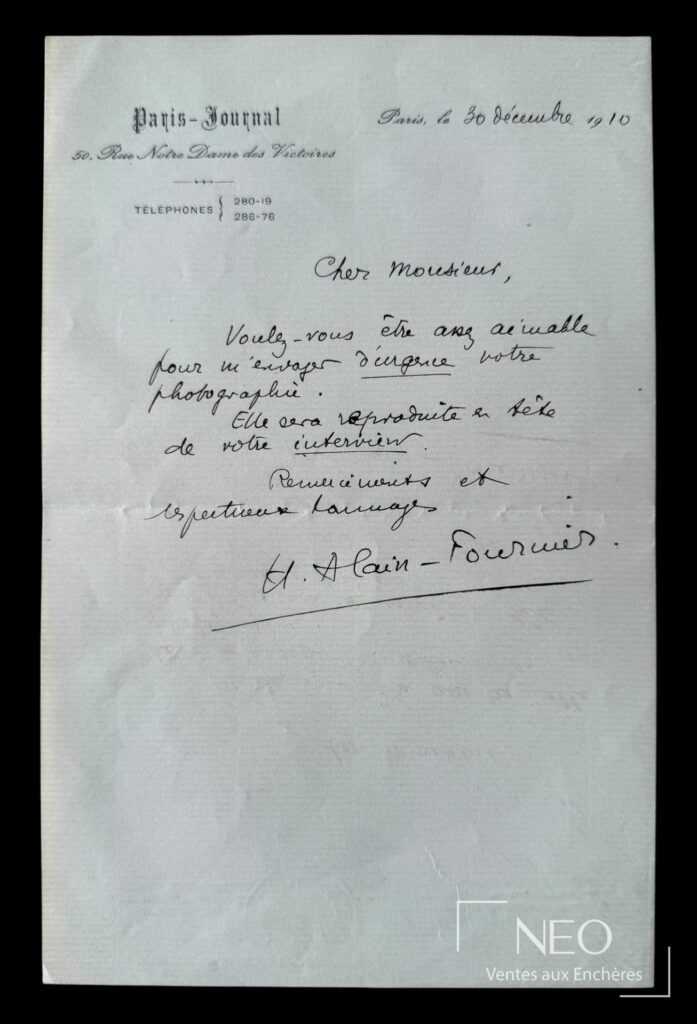 Lettre autographe signée d'Henri Alain-Fournier sur papier à en-tête du Paris-Journal