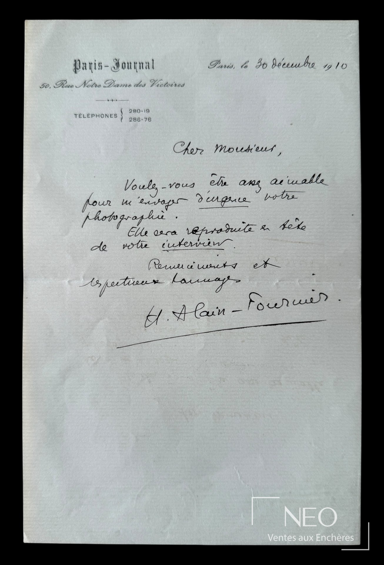 Henri Alain-Fournier, lettre autographe signée sur papier à en-tête du Paris-Journal