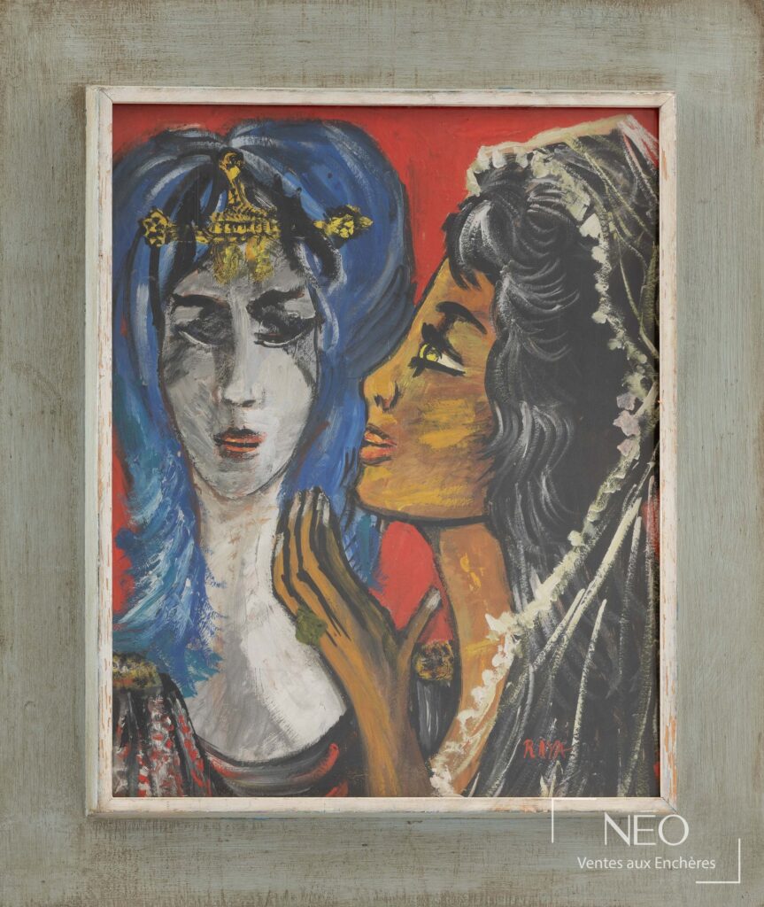 Peinture signée représentant deux femmes en profil et face