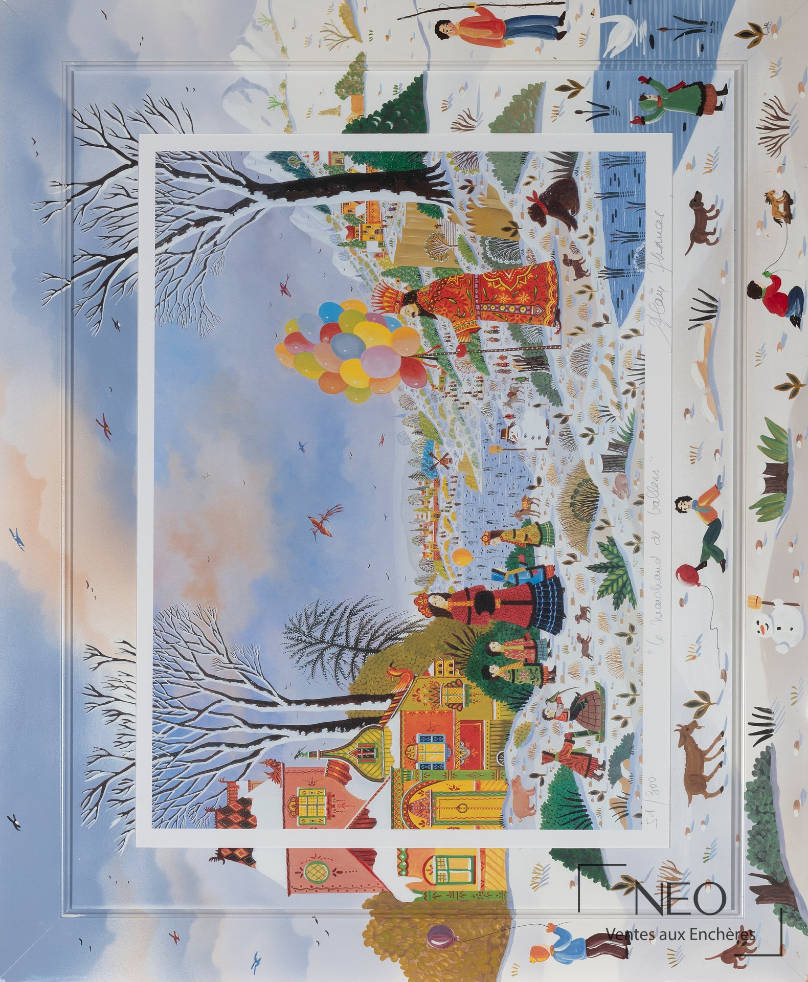 Lithographie colorée d’Alain Thomas représentant une scène hivernale avec personnage et ballons