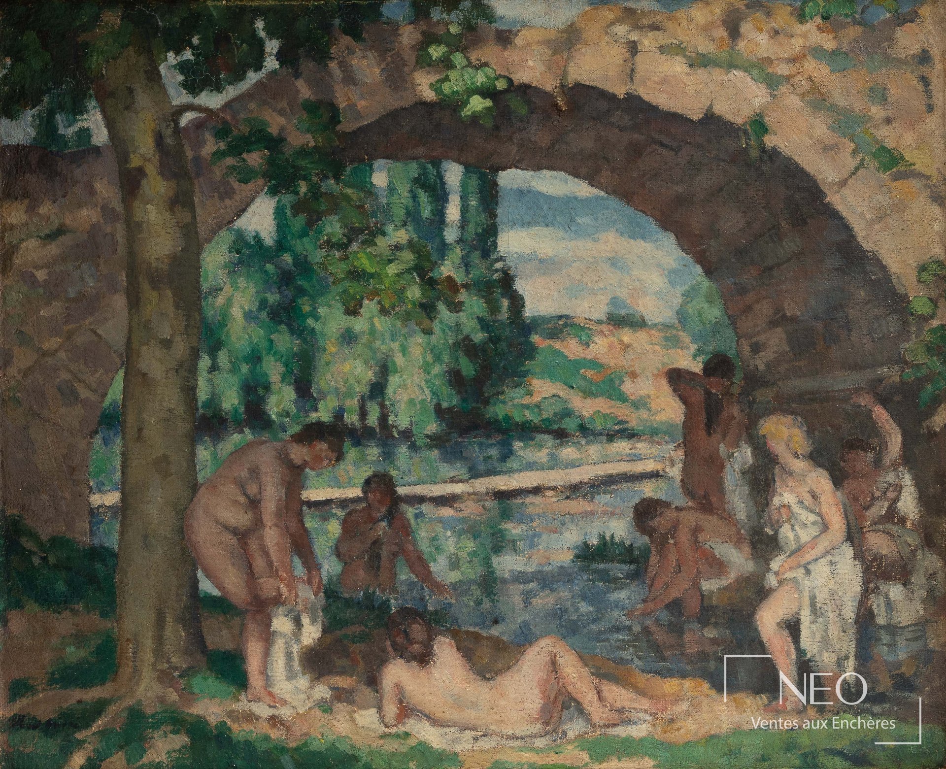 Composition de baigneuses au bord de l'eau sous une arche de pierre