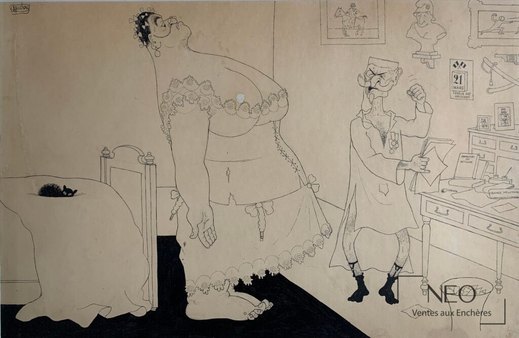Illustration humoristique d’Albert Dubout représentant une scène de chambre