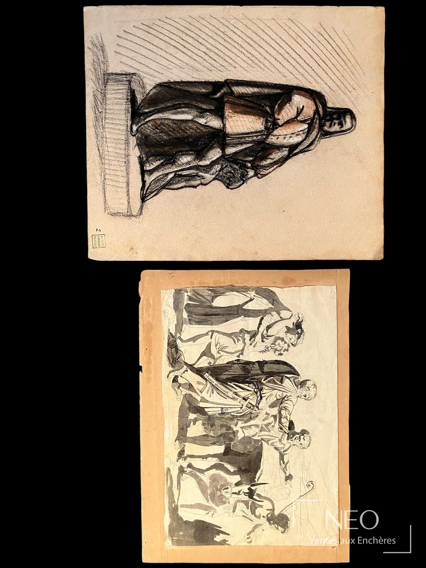 Deux dessins d’Albert-Ernest Carrier Belleuse présentés ensemble sur papier beige et papier monté.