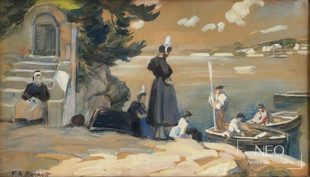 Aquarelle Les Bigoudènes d'Albert Fernand Renault représentant des figures au bord de l'eau