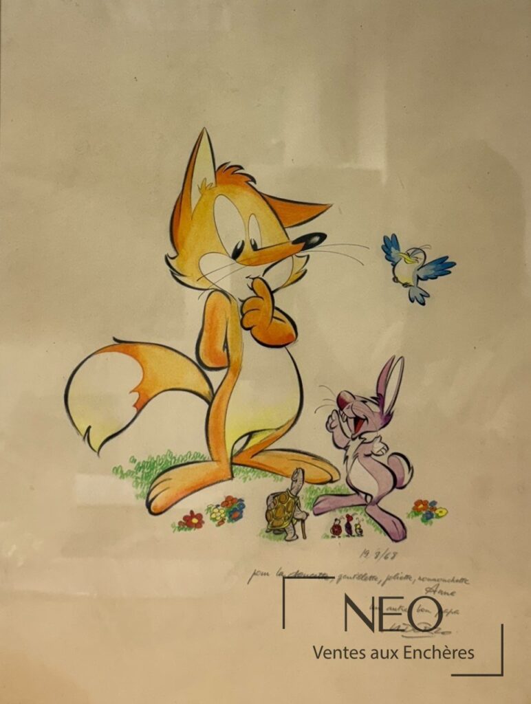 Dessin animalier coloré d'Albert UDERZO représentant un grand renard et un lapin