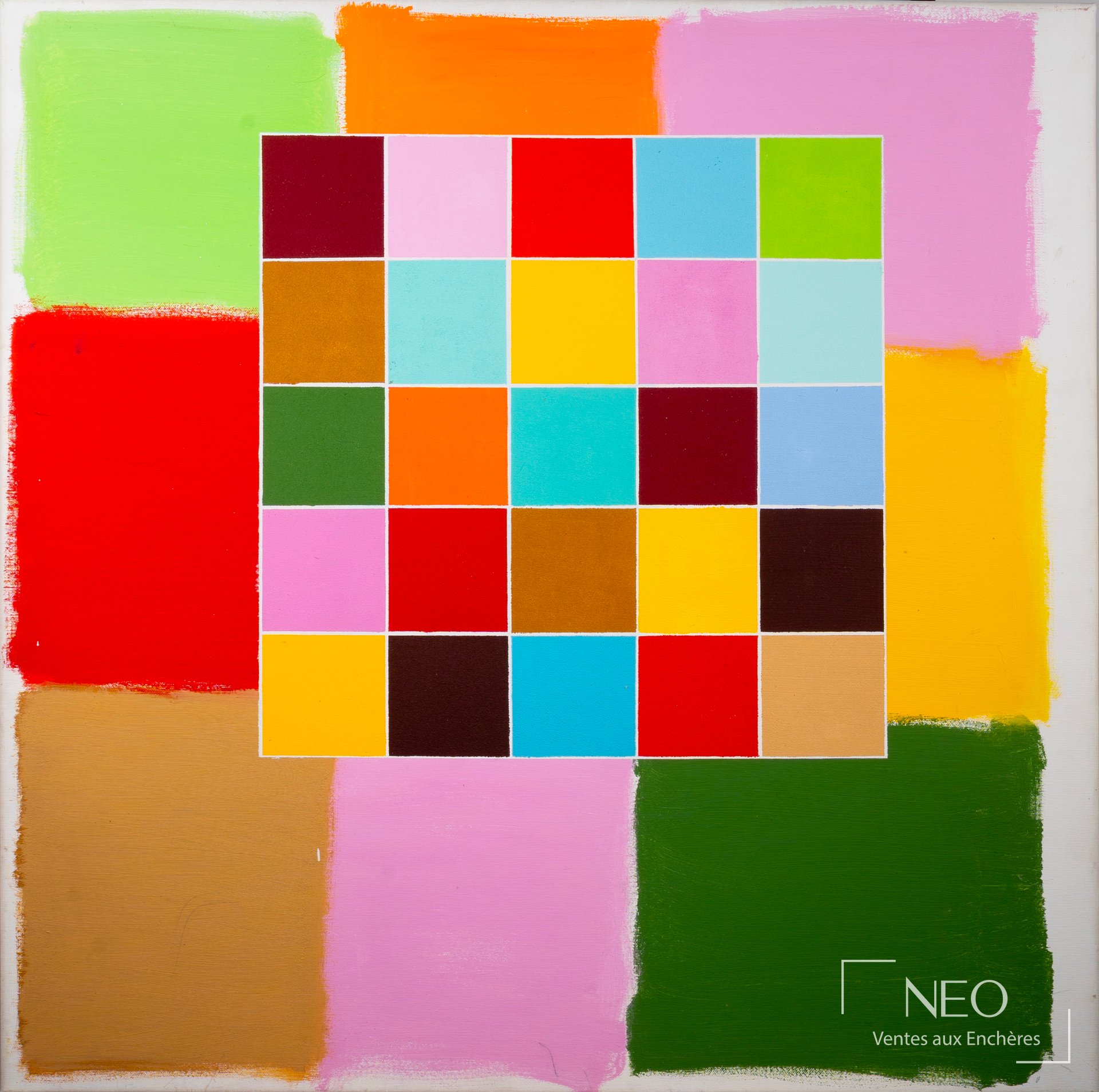 Huile sur toile abstraite d'Alberto Cont aux aplats colorés et au carré central de cases multicolores