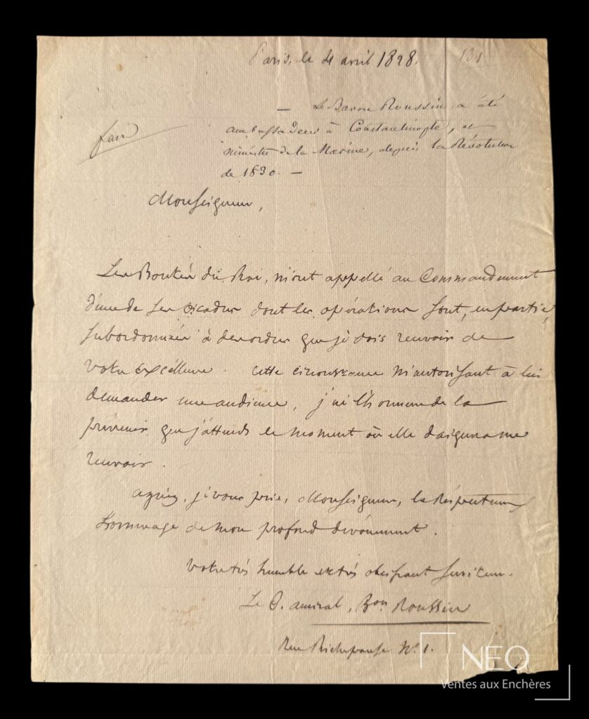 Lettre manuscrite signée sur feuillet beige