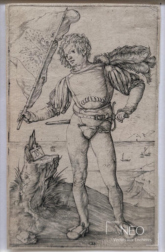 Estampe d’Albrecht Dürer représentant un porte-étendard armé d’une lance et d’une bannière
