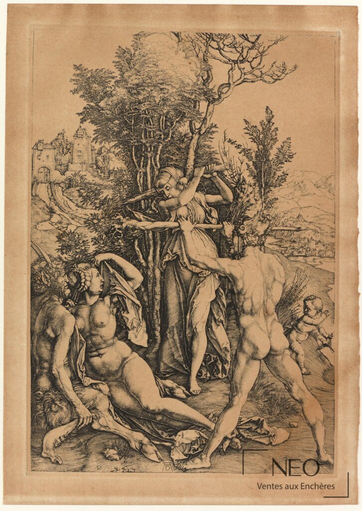 Estampe d'après Albrecht Dürer montrant une scène allégorique avec figures nues et paysage