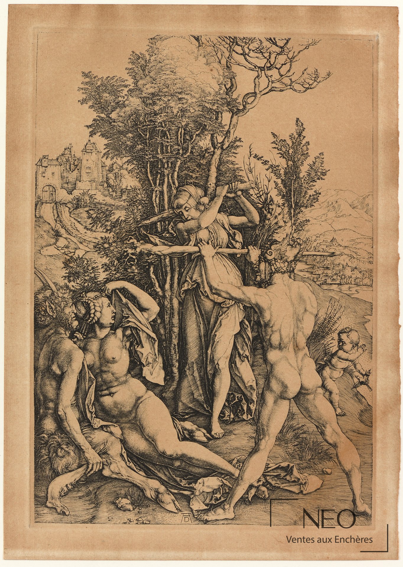 Estampe d'après Albrecht Dürer montrant une scène allégorique avec figures nues et paysage