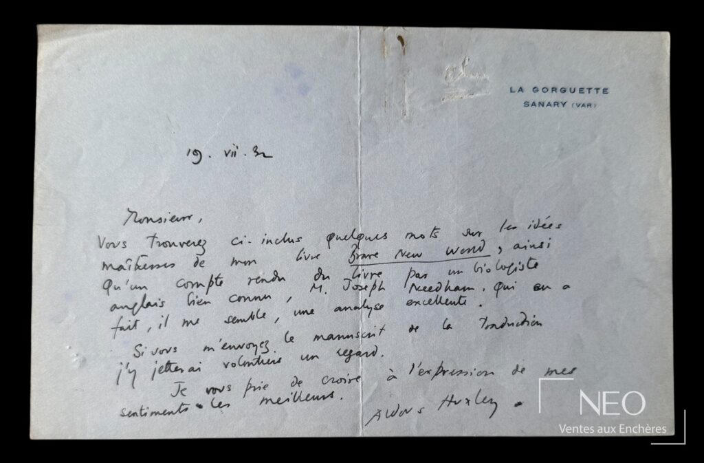 Lettre autographe signée d’Aldous Huxley sur papier à en-tête de La Gorguette