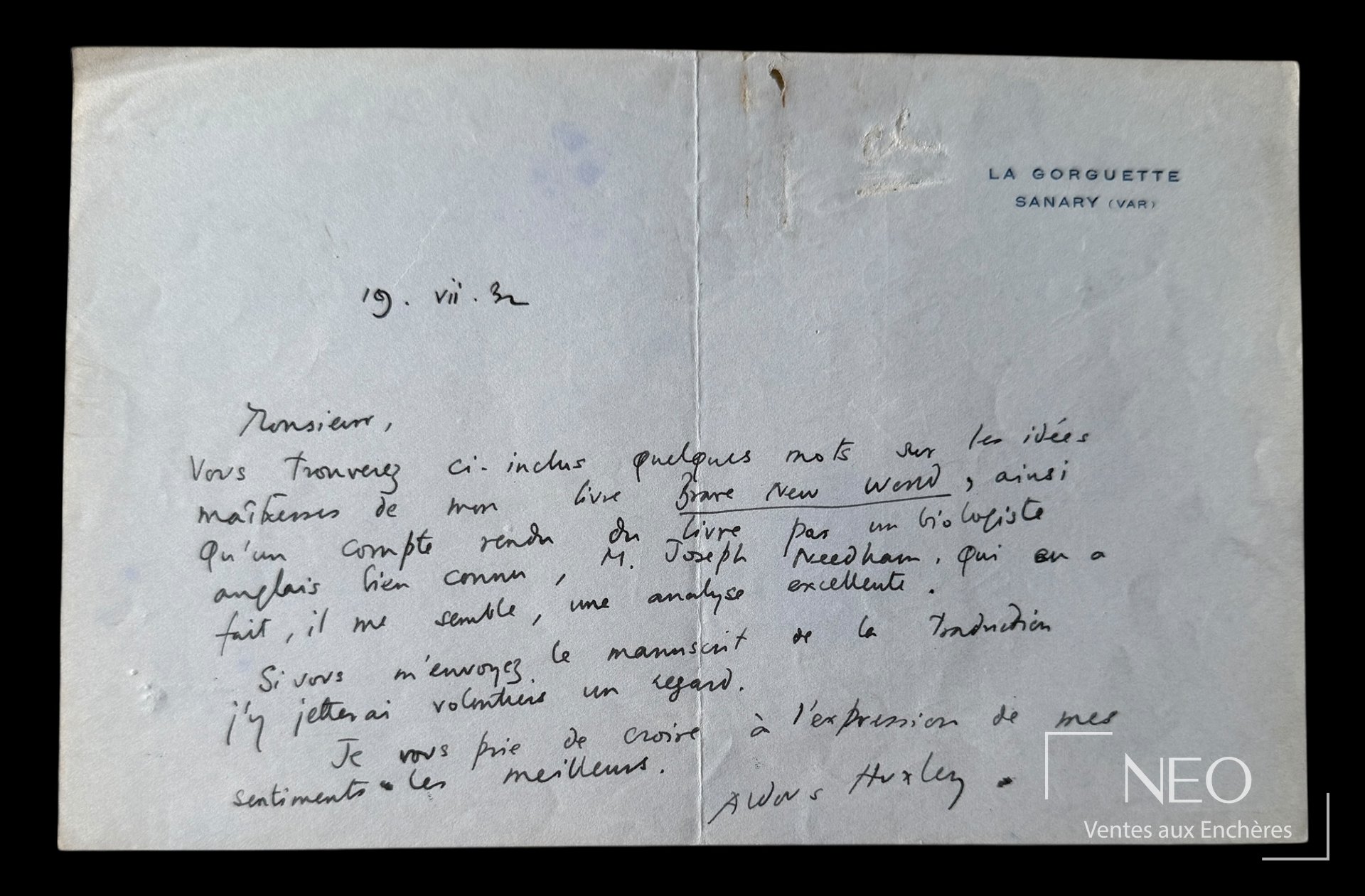 Lettre autographe signée d’Aldous Huxley sur papier à en-tête de La Gorguette