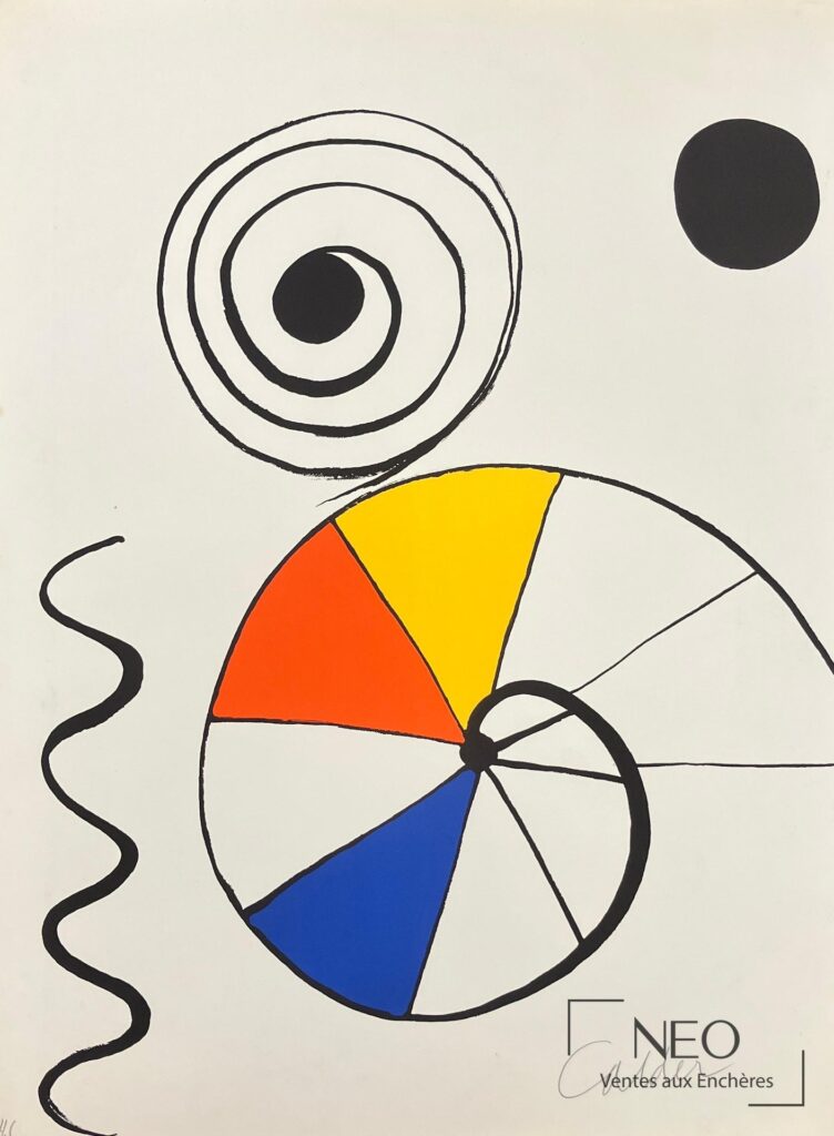 Lithographie colorée d'après Alexander Calder avec formes circulaires noires et aplats rouge
