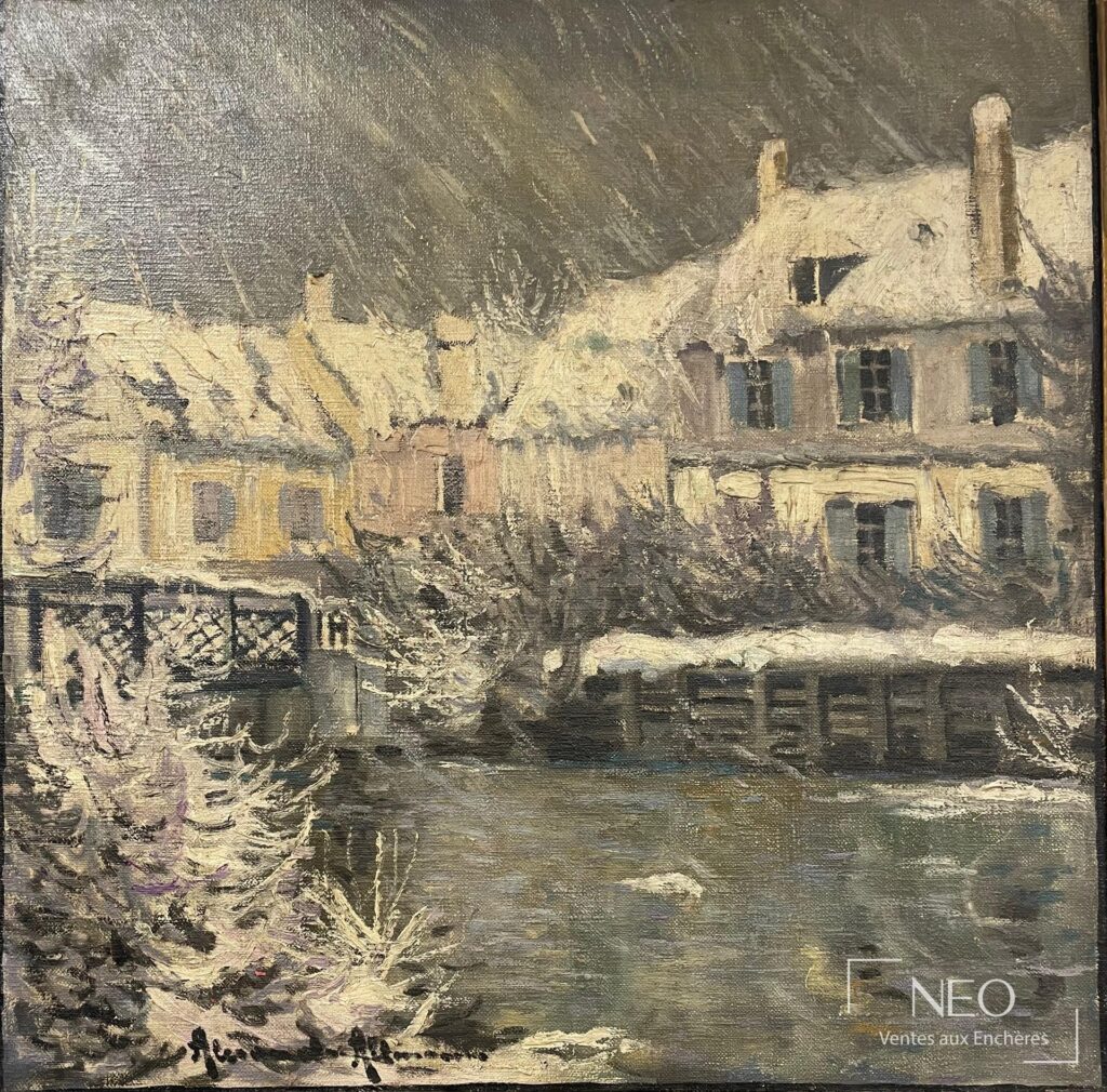Village enneigé peint à l'huile sur toile