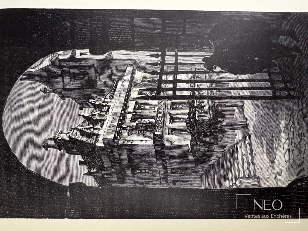 Illustration en noir gravée sur bois avec architecture et silhouettes
