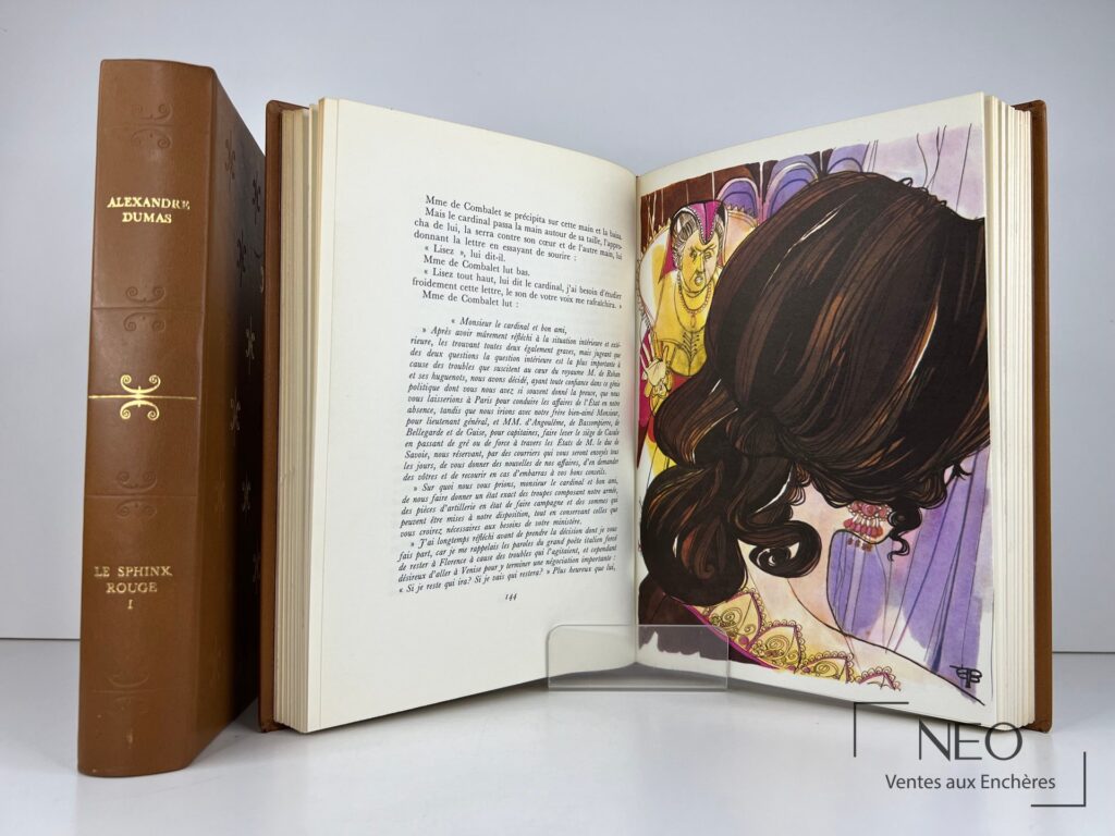 Volume ouvert montrant une illustration en couleur et une page de texte