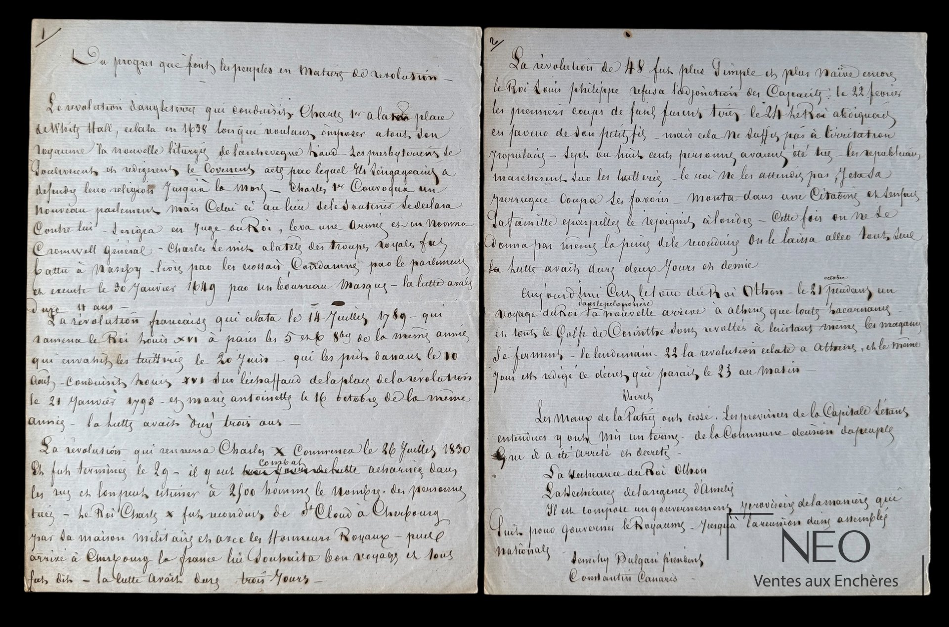 Deux pages manuscrites d’Alexandre Dumas sur papier bleu