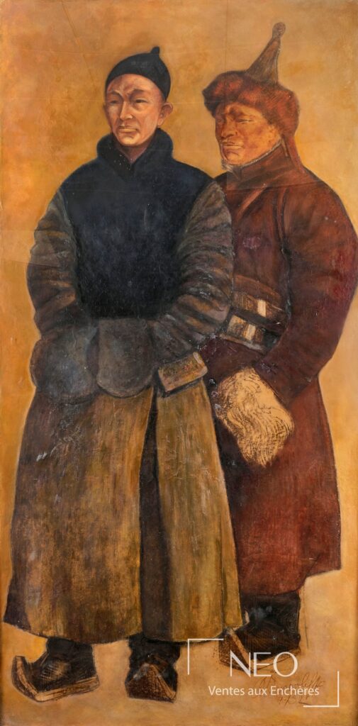 Deux personnages mongols représentés en pied sur fond ocre