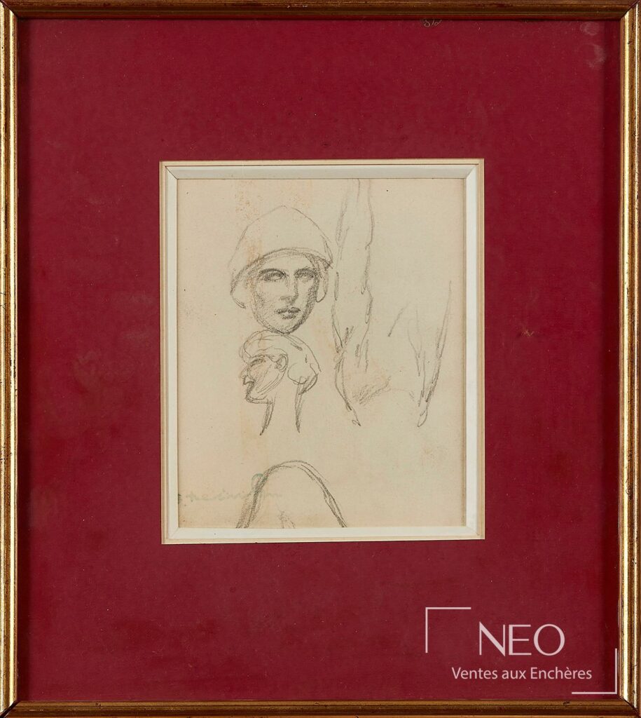 Dessin encadré sous verre montrant plusieurs études au crayon sur papier