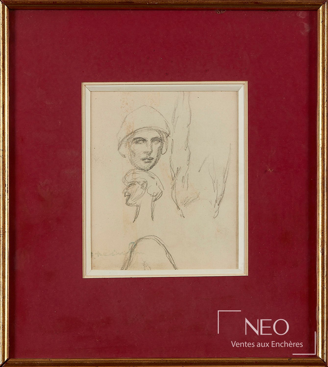 Dessin encadré sous verre montrant plusieurs études au crayon sur papier