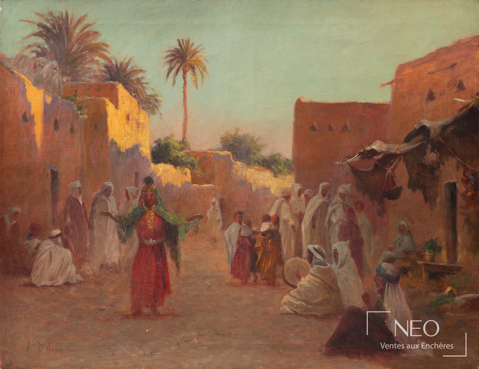 Alexis Auguste Delahogue, Vue d’une rue animée, huile sur toile
