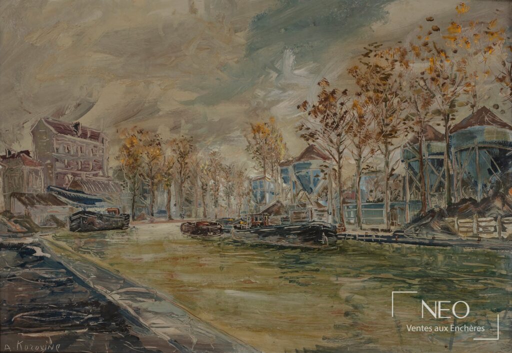 Vue d'ensemble d'une huile sur isorel représentant un canal bordé d'arbres et de bâtiments