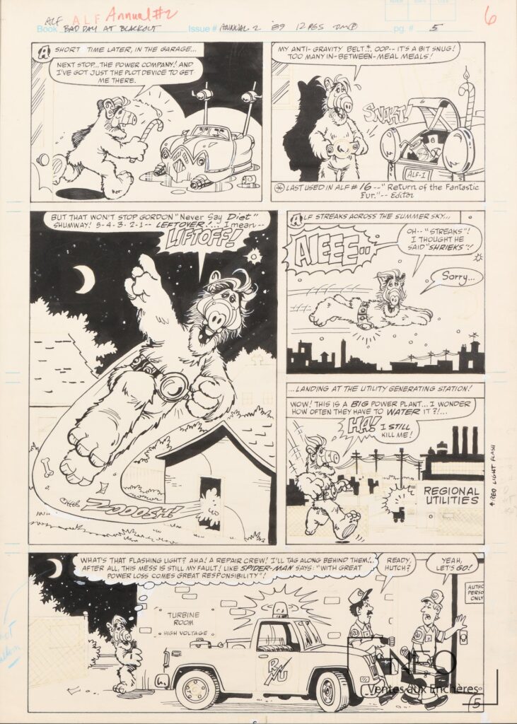 Planche de bande dessinée ALF avec en-tête manuscrit et plusieurs cases en noir et blanc.