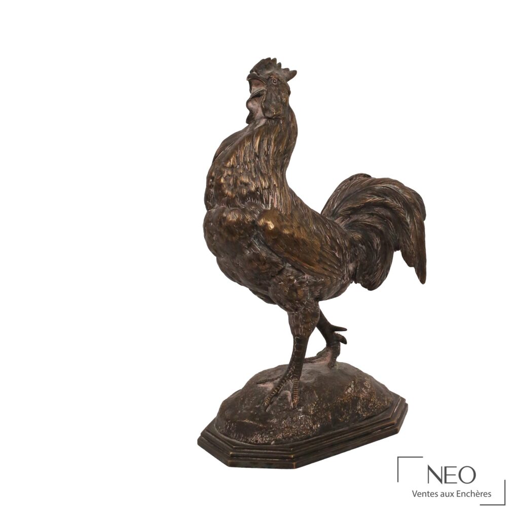 Coq en bronze à patine brune et dorée