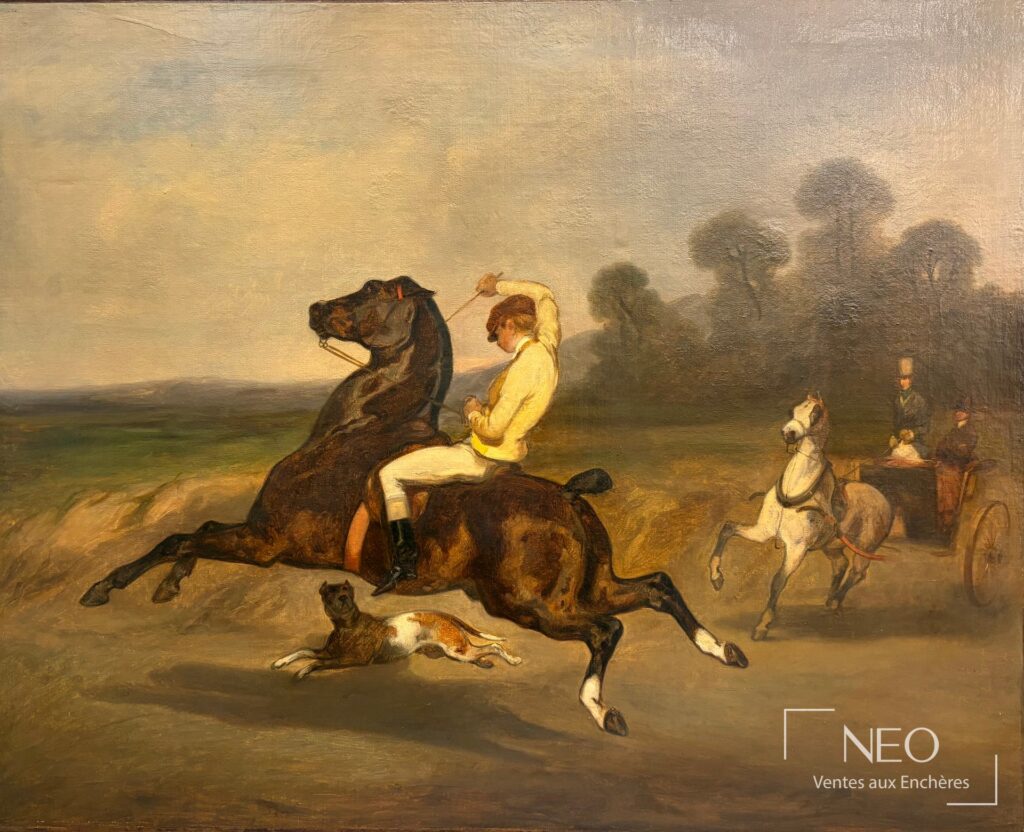 Scène équestre peinte sur toile avec cavalier