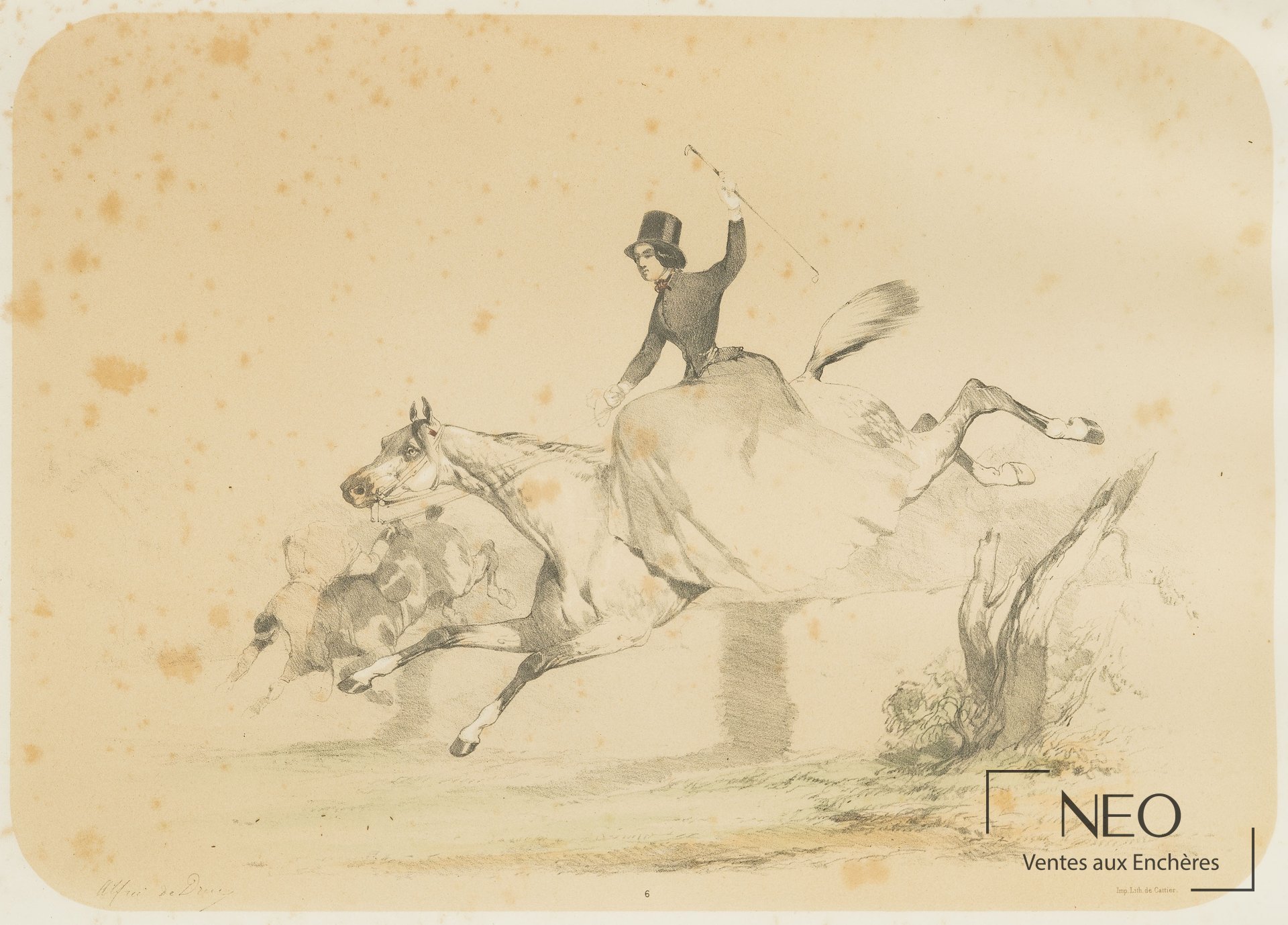 Estampe en couleurs représentant une amazone à cheval