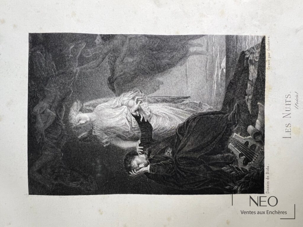 Page illustrée des Oeuvres de Alfred De Musset avec gravure en noir et blanc