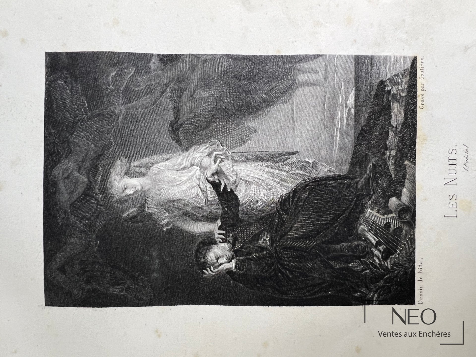 Page illustrée des Oeuvres de Alfred De Musset avec gravure en noir et blanc