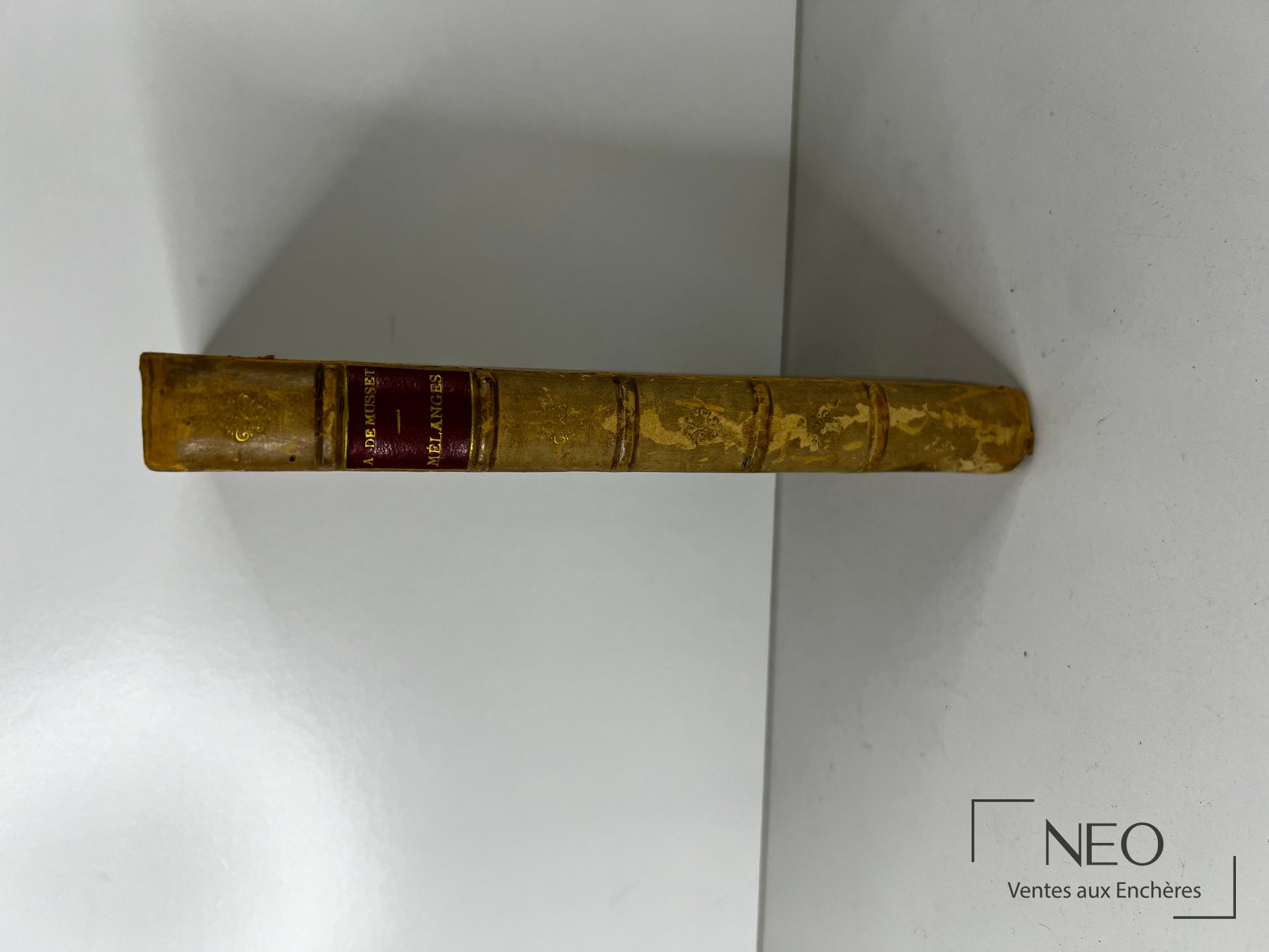 Dos en demi basane à nerfs avec pièce de titre rouge portant le nom de Musset