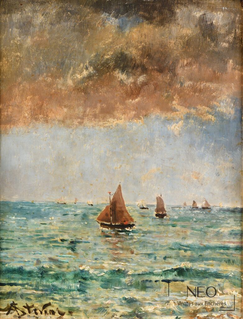 Marine d'Alfred Émile Léopold Stevens avec plusieurs bateaux sous un ciel nuageux