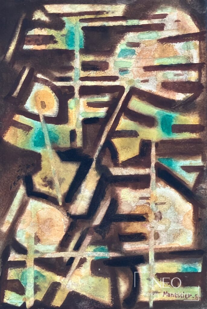 Aquarelle abstraite d’Alfred Manessier aux tonalités brunes