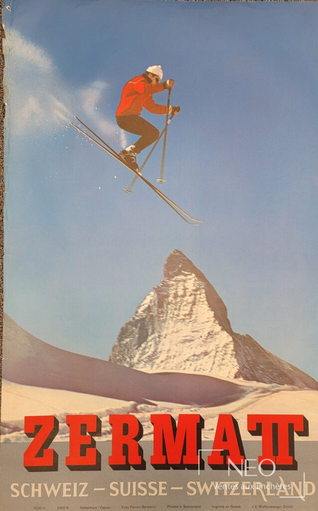 Affiche de ski montrant un skieur en saut au-dessus du mot ZERMAT
