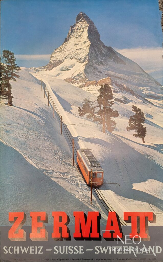 Affiche Zermat Suisse montrant le Cervin enneigé et un train rouge sur la montagne