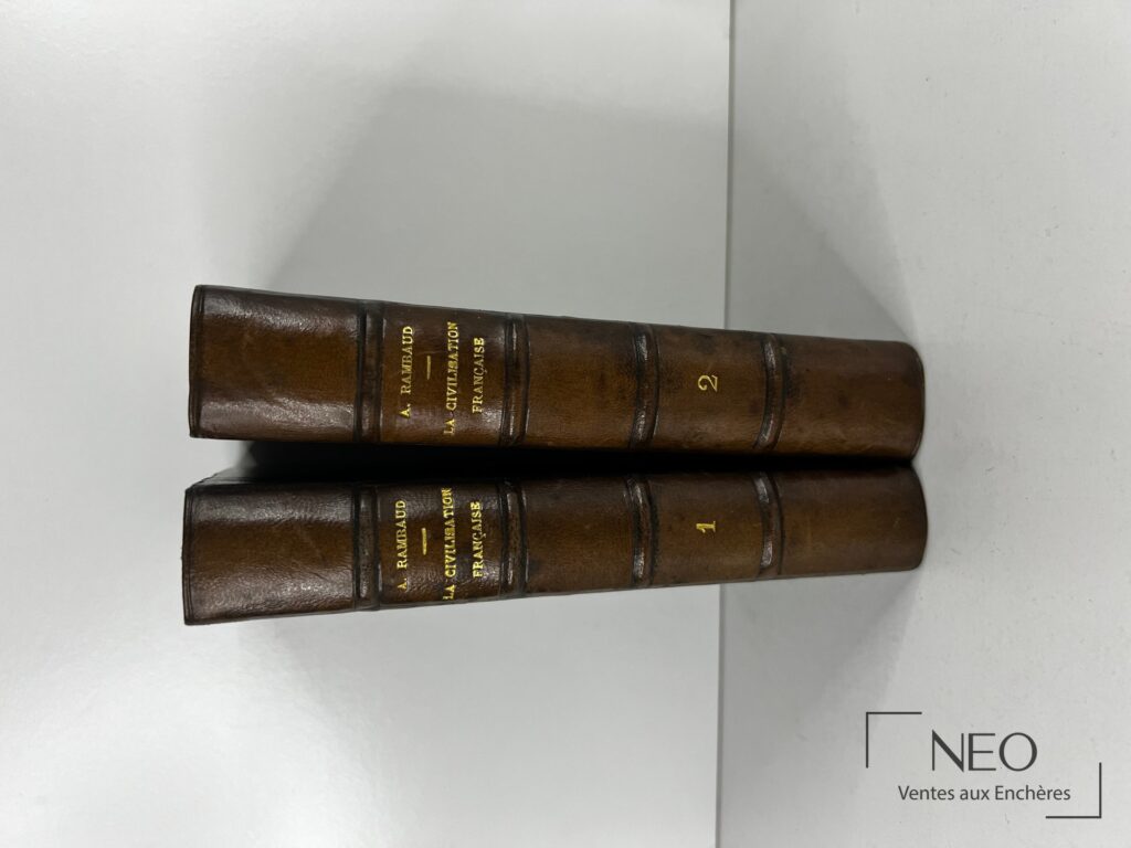 Deux dos de livres reliés en demi basane verte avec titres dorés et numéros 1 et 2.