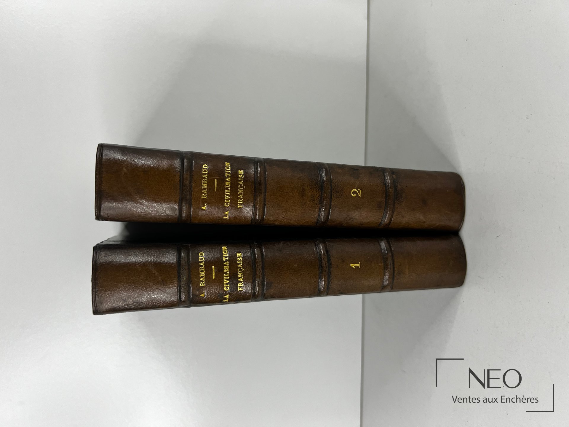 Deux dos de livres reliés en demi basane verte avec titres dorés et numéros 1 et 2.