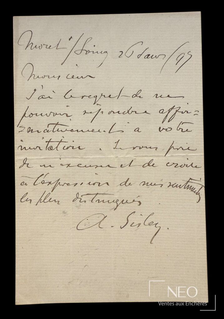 Lettre autographe d'Alfred Sisley manuscrite sur papier