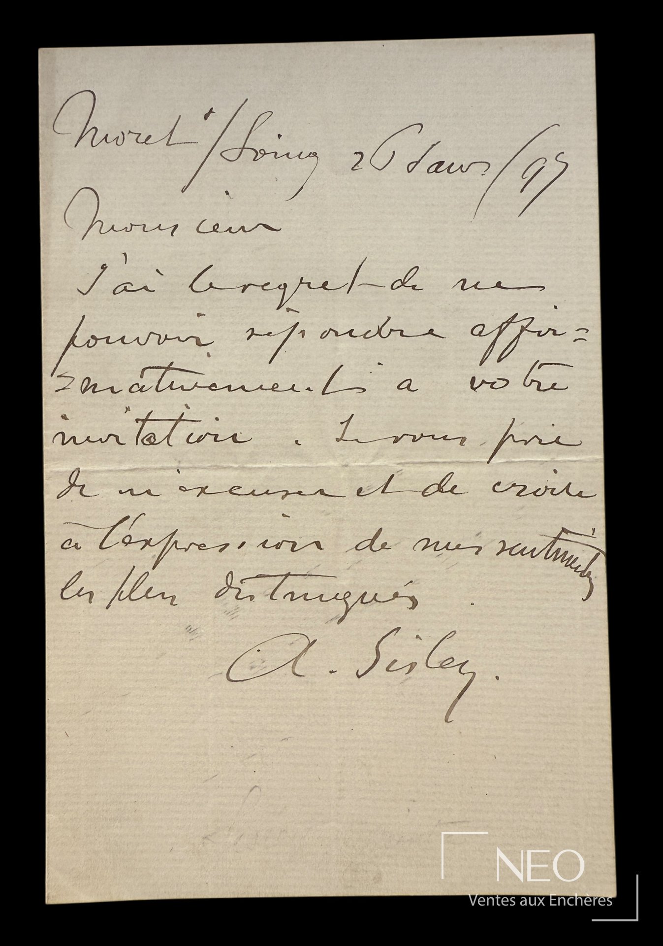 Lettre autographe d'Alfred Sisley manuscrite sur papier
